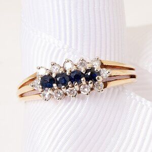 Vintage 14kt Yellow Gold Blue Sapphire Diamond Ring, Elegant Dinner Ring Sz 8